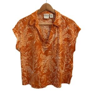 Rachel Zoe Linen Jersey Polo Top XL Cropped Boxy Botanical Print Resort Beachy